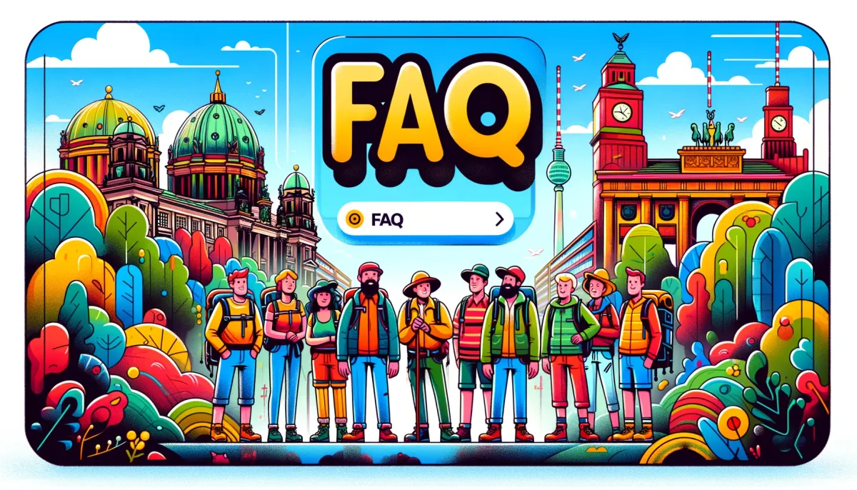 A group of people in berlin under a FAQ sign